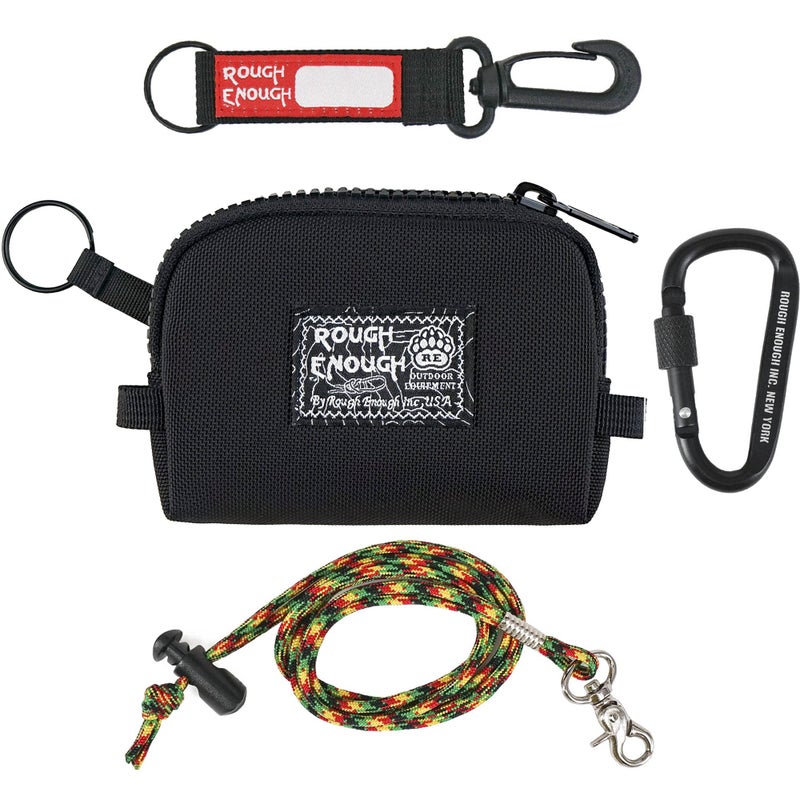 RE ROUGH ENOUGH Rough Enough Small Coin Purse Card Wallet Keychain Pouch for Men Women with Zipper Neck Lanyard Black Cordura Water Repellent - Image 1
